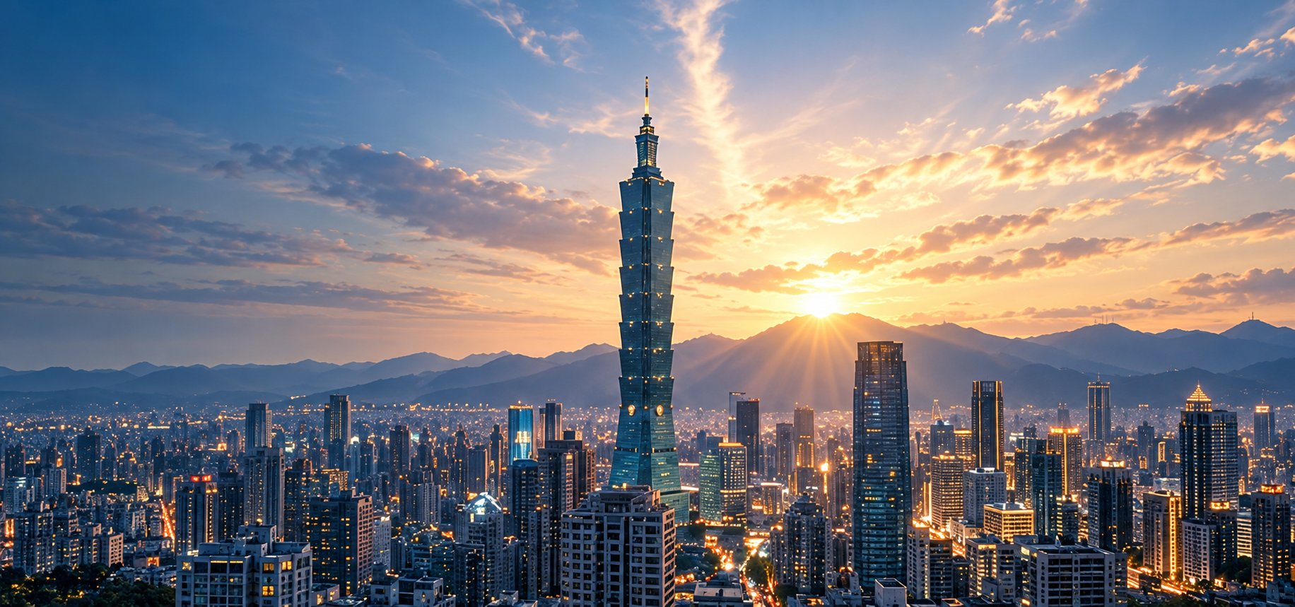 夕陽光芒下的臺北 101 大樓與城市天際線